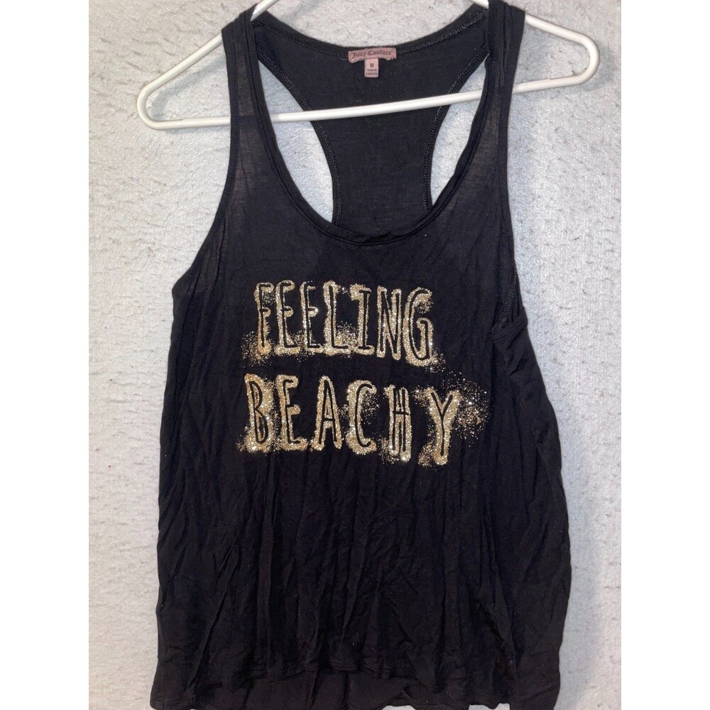 Juicy Couture Black Feeling Beachy Racerback Tank Top Sz M Bling Gold Women's